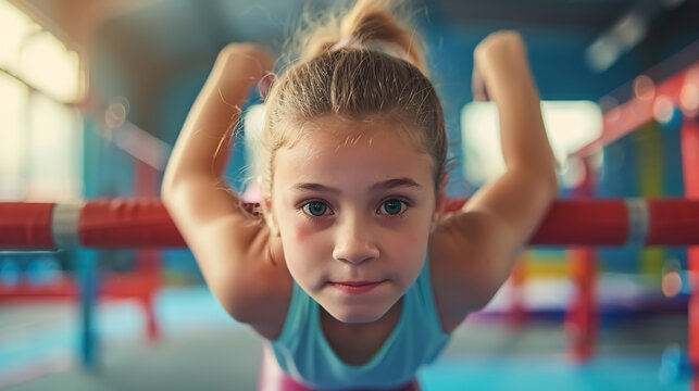 Young Gymnast on Parallel Bars: A young gymnast performing on parallel bars, demonstrating 