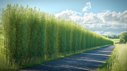 A row of tall willow hedges lining a country road, the hedge's height and density providing a natural barrier, with sunlight casting dappled shadows on the ground, creating a peace
