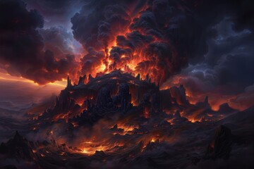 The flickering warmth of hellfire illuminates an infernal landscape, creating a menacing and intense atmosphere.