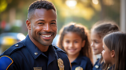 A smiling police officer interacts with children, showcasing community engagement and trust between law enforcement and youth.