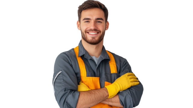 Dicut image of man worker standing with confident on a isolated transparent background.