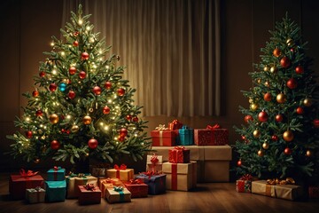 Holidays background with illuminated Christmas tree, gifts and decoration
