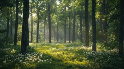 Obraz premium Sunlight Filtering Through Trees In a Forest