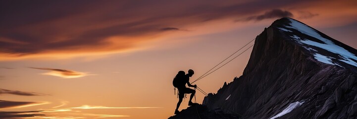 A male silhouette adventurer at the top of a mountain with a stunning view