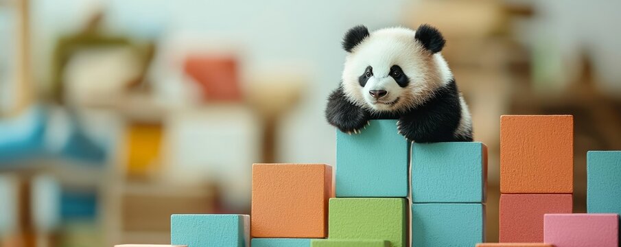 Panda balancing on multicolored bar graphs, representing data analysis and cleaning with Pandas in a tech-driven visual