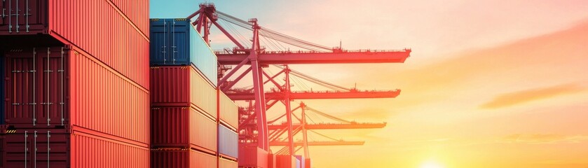 Stunning sunset over a shipping port, highlighting vibrant containers and towering cranes, symbolizing global trade.