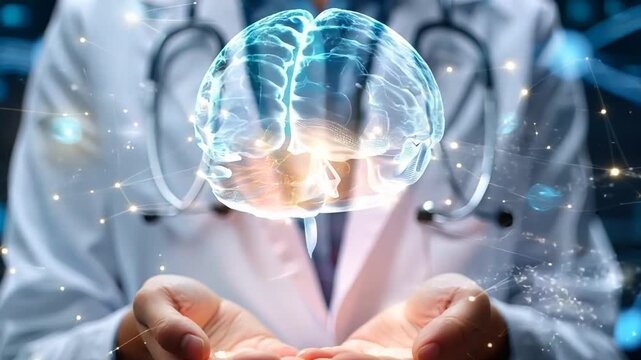 Medical professional demonstrates the complexities of brain function in a modern clinic setting