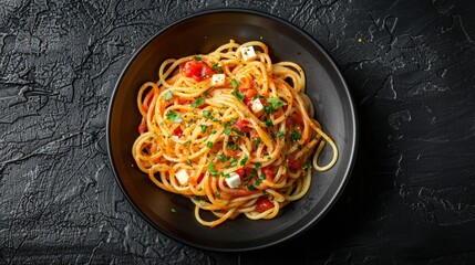 A tempting bowl of spaghetti topped with feta cheese and ketchup, garnished with fresh herbs, elegantly presented on a rustic black surface