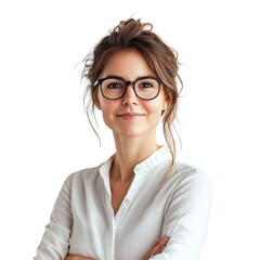 Obraz premium Smiling attractive school teacher with glasses and white shirt