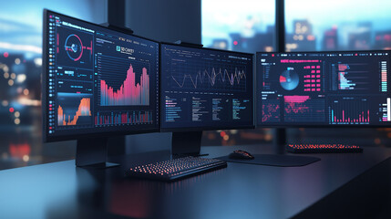 An illustration of business process automation concept, showcasing graphs for distribution analysis and consumption monitoring in a high-tech digital environment.
