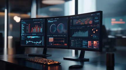 An illustration of business process automation concept, showcasing graphs for distribution analysis and consumption monitoring in a high-tech digital environment.