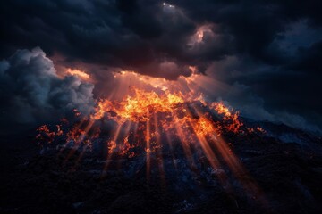 Fototapeta premium Radiant light pierces through a cloud of remains and remnants of fire, creating an evocative scene that contrasts the brightness with the aftermath of destruction.