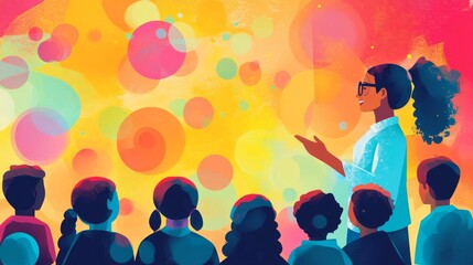 Diverse Group of Students Listening to a Teacher in a Brightly Colored Classroom.