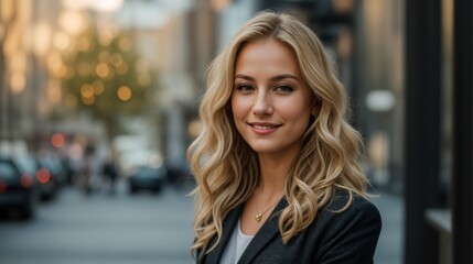 Fototapeta premium Confident woman with curly blonde hair stands in urban location with a gentle grin 