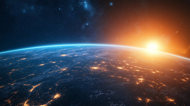 Universum Erde aus dem Weltall mit Sonne hinter der Erdkugel blauer Planet Erde in der Hand Generative AI