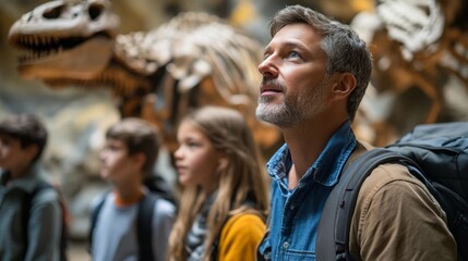 Obraz premium Family Looking Up At Dinosaur Skeleton In Museum.