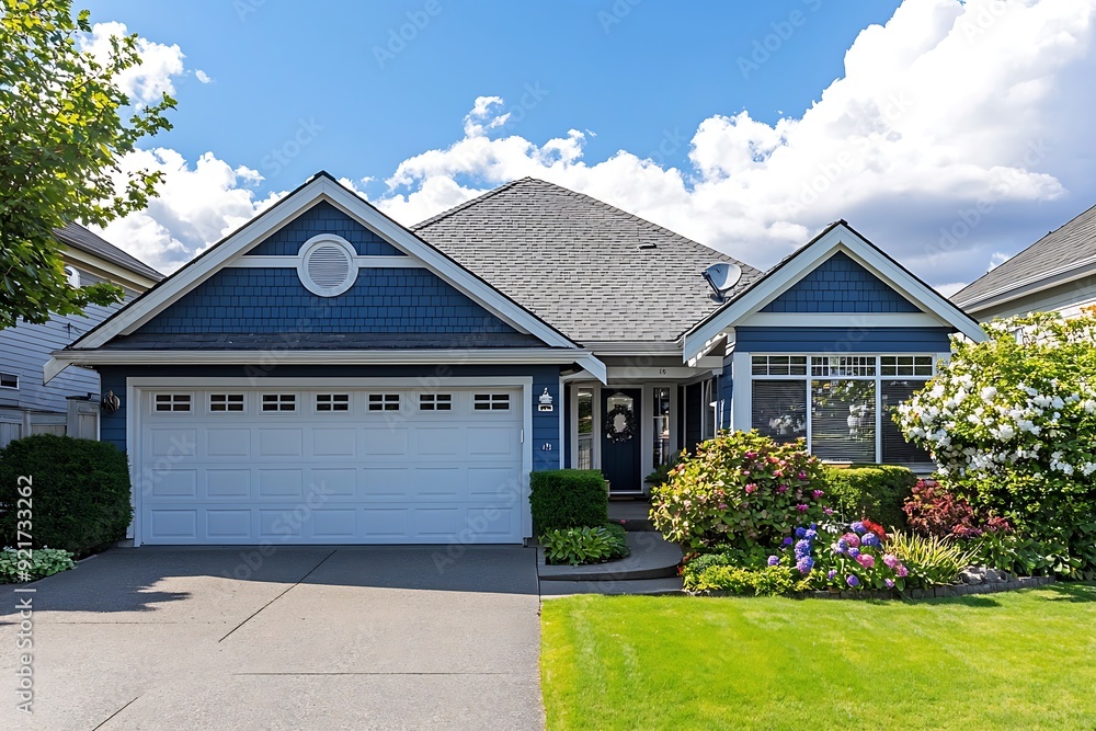 Wall mural Blue house with white garage door and green lawn.