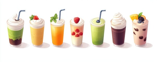 Isometric vector illustration of a cold cafe drink,matcha latte,strawberry smoothie,orange juice,mocha,tea,summer drinks special promotions design,Doodle style vector for advertisement,banner,poster.