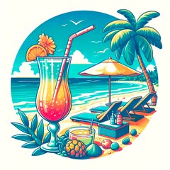 トロピカルドリンクと夏のリゾートのイラスト
