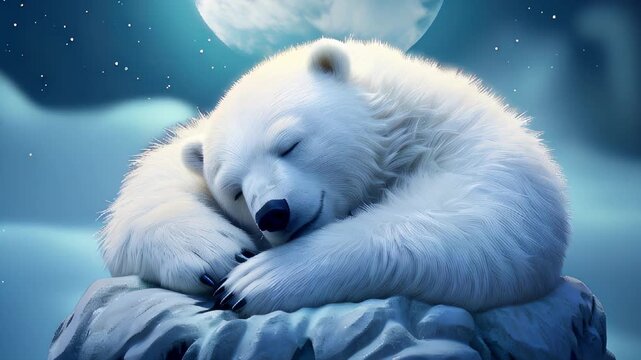 Sleepy polar bear resting on a snowy rock under the moonlight