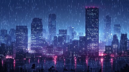 Fototapeta premium Night Rain in the city,City life in night in rainy season abstract background,Heavy rain in dark sky, rainy season,light lamp street night ,dark clouds and storm, vector illustration.