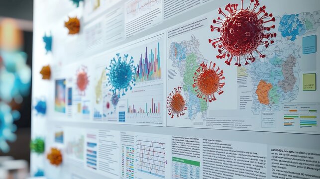 A poster on epidemiology, with maps and charts showing disease transmission and control strategies