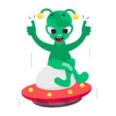 Cartoon style sticker of happy alien sitting on ufo 