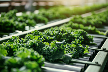 Fresh Kale Leaves on Conveyor Belt in Modern Agricultural Processing Facility