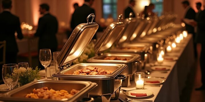 A festive wedding or corporate event with an array of delicious food on chafing dishes illuminated by warm lights creating a joyful atmosphere