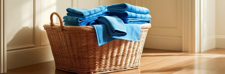 Wicker basket with clothes on the floor in the laundry room