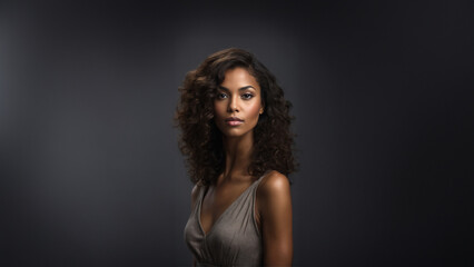 Naklejka premium Effortlessly chic Black American woman exuding confidence. Smooth, flawless skin and defined features complement her natural beauty. Studio portrait with copy space, for beauty and fashion campaigns
