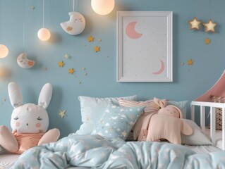 A cozy and stylish baby nursery with a blue wall,  star and moon decorations, and a plush bunny.