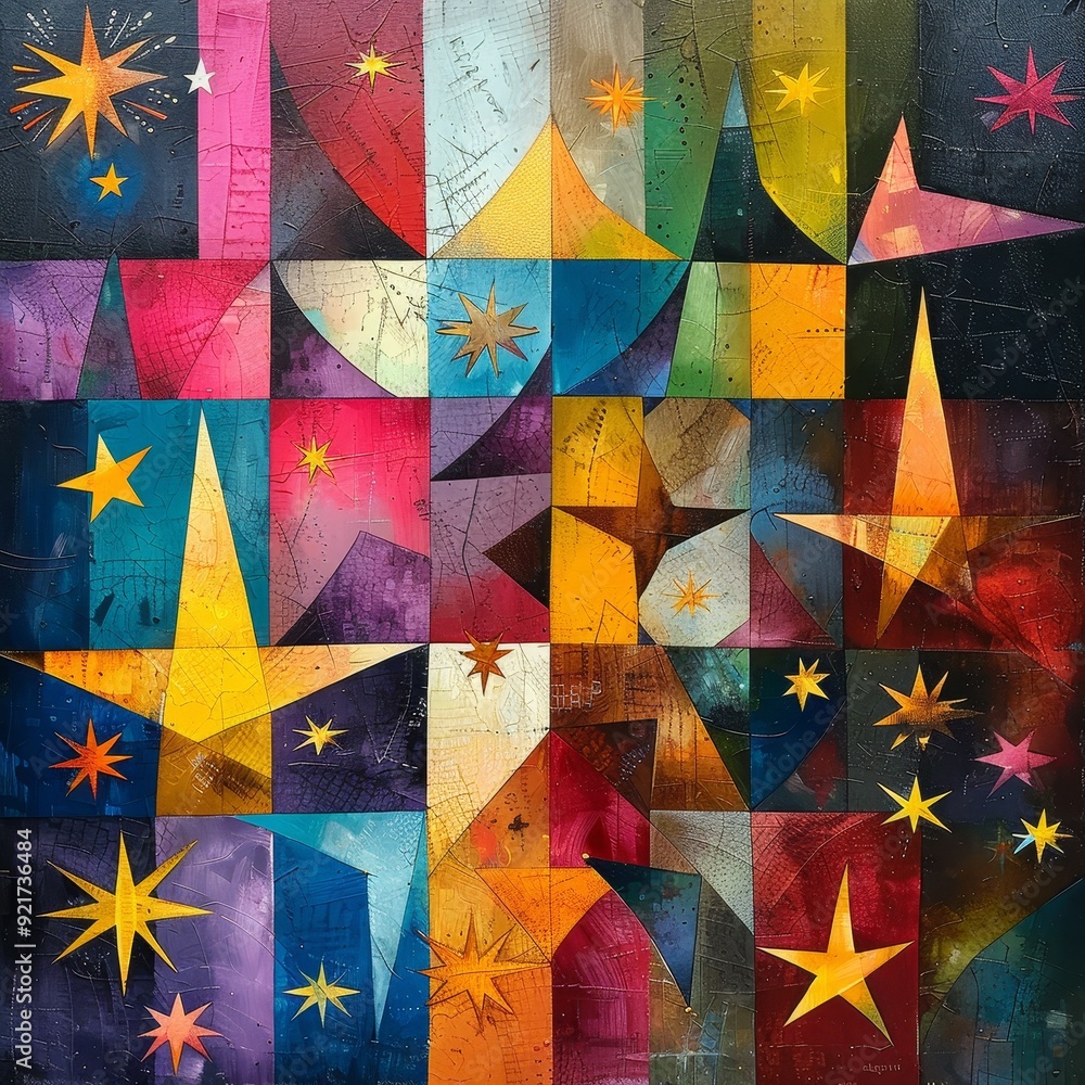 Poster abstract geometric pattern of stars and colorful blocks.