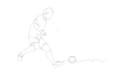 continuous line drawing of soccer player shooting vector illustration. Single one line art of young man playing soccer ball template.