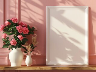 White frame mockup with pink roses and dried flowers in vases on wooden shelf against pink wall.