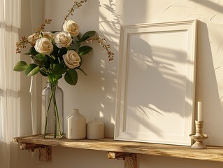 White frame mockup on wooden shelf with vase of white roses and candle.  Sunlight casts shadows on the wall.