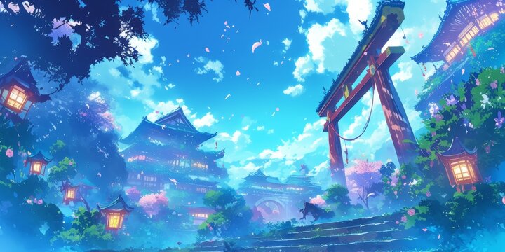 Enchanting Seasonal Wonderland: Anime-Style Winter Snowscape and Spring Blossoms Fusion. Magical Night Scene with Chinese New Year Lanterns and Christmas Charm. Dreamy Vector Illustration for Games, B
