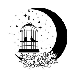 Love Bird | Flying Bird | Floral Mystical Love Bird | Floral Love Bird | Bird Cage | Celestial Bird | Lover in the Moon | Celestial | Original Illustration | Vector and Clipart | Cutfile and Stencil