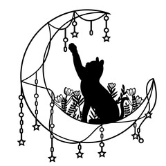Moon Cat Floral   Floral Moon   Floral Cat   Celestial Animal   Astronomy   Cat in the Moon   Moon Cat with Flowers   Celestial Cat   Original Illustration   Vector and Clipart   Cutfile and Stencil © MEM