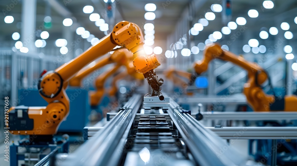Aufkleber automated factory floor with robotic arms assembling products advanced manufacturing technology conc