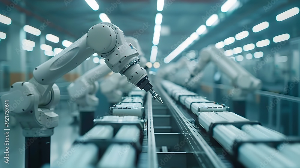 Poster automated robotic assembly on modern factory floor showcasing advanced manufacturing technology