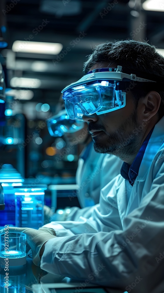 Poster workers conducting high tech experiments in a futuristic laboratory