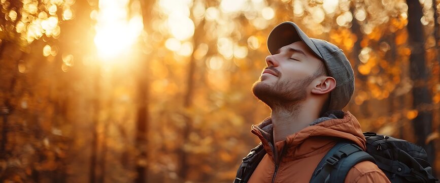A man in a cap and orange jacket standing in a forest with the sun shining through the trees. He has his eyes closed and is breathing deeply.