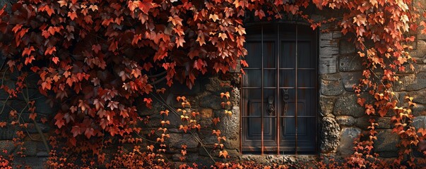 Red ivy vines cover a stone wall with a window.