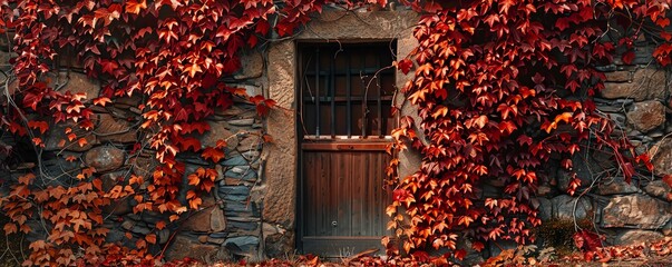 Red ivy vines cover a stone wall and wooden door.