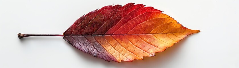 Single autumn leaf with vibrant red, orange, and yellow colors.