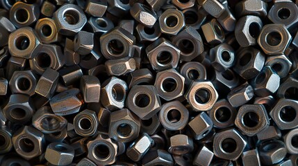 background of many randomly scattered metal nuts. copy space for text.