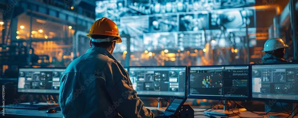 Poster engineers monitoring industrial processes in control room with large screens