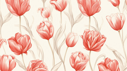 Red and white tulip pattern, line drawing, light pink and dark beige style.seamless wallpaper, patterns, background, backdrop, wallpaper