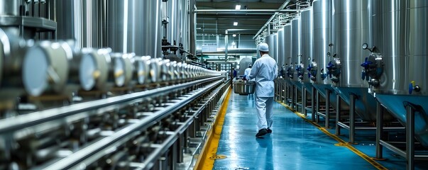 Efficient Dairy Processing Plant with Stainless Steel Equipment and Hardworking Employees Ensuring Cleanliness and Productivity